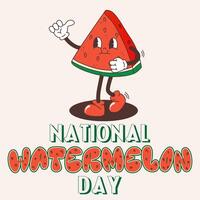 National watermelon day banner template. Groovy watermelon character in retro style. Holiday concept. Fruit mascot character. Design for background, banner, placard, card, and web. vector
