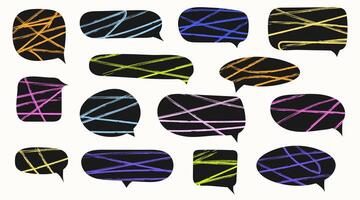 Set of colorful speech bubbles. Dialogue box in doodle style with scribble textures. Doodles drawing chalk marker. Text boxes for chats and games. Various talk balloon shapes in retro 90's style vector