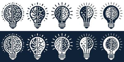 Set of Idea and Mind Logo with Brain and Light Bulb Symbol of creativity, creative idea, creative Mind and creative Thinking vector