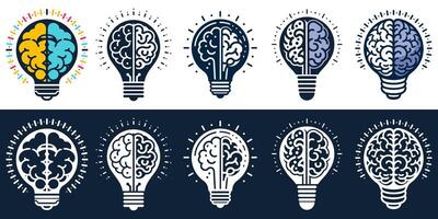 Set of Idea and Mind Logo with Brain and Light Bulb Symbol of creativity, creative idea, creative Mind and creative Thinking vector