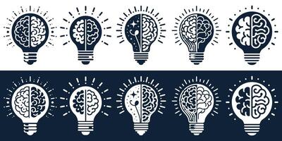 Set of Creative Logo with Brain and Light Bulb Design Symbol of creativity, creative idea, creative Mind and creative Thinking vector