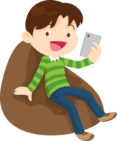 child relax with mobile gadget sitting on beanbag png