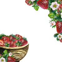 A frame with an image of strawberries in a wooden vase and a twig with berries and flowers. A hand-drawn watercolor illustration. Isolate. For packaging, labels and flyers. For banners, and postcards. png