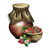Strawberries in a wooden bowl next to an earthenware jug. Strawberry yogurt. Still life in a rustic style. Handmade watercolor illustration. Isolate it. For packages, labels. For banners, stickers. png
