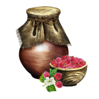 Raspberries in a wooden bowl next to an earthenware jug. Raspberry yogurt. Still life in a rustic style. Handmade watercolor illustration. Isolate. For packages, labels and flyer. For banner, stickers png