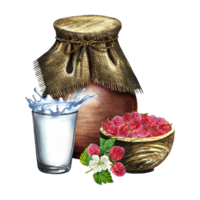Raspberries with milk. Raspberry yogurt. Still life in a rustic style with a jug, a wooden bowl and a glass of milk. Handmade watercolor illustration. For packages and labels. For banners, stickers. png