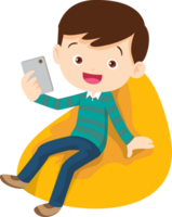 child relax with mobile gadget sitting on beanbag png