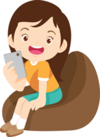 child relax with mobile gadget sitting on beanbag png