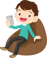 child relax with mobile gadget sitting on beanbag png