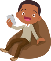 child relax with mobile gadget sitting on beanbag png