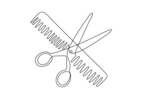 Scissor and comb continuous one line drawing premium illustration vector