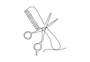 Scissor and comb continuous one line drawing premium illustration vector