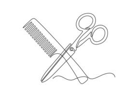 Scissor and comb continuous one line drawing premium illustration vector