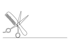 Scissor and comb continuous one line drawing premium illustration vector