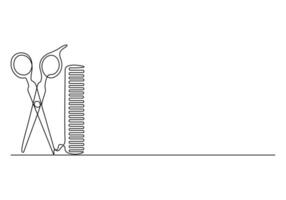 Scissor and comb continuous one line drawing premium illustration vector