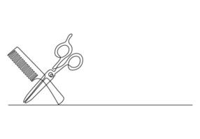 Scissor and comb continuous one line drawing premium illustration vector