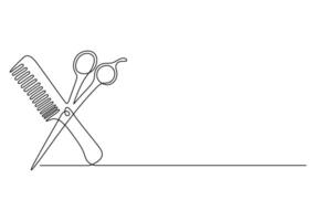 Scissor and comb continuous one line drawing premium illustration vector