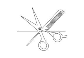 Scissor and comb continuous one line drawing premium illustration vector