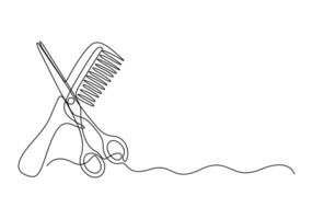 Scissor and comb continuous one line drawing premium illustration vector