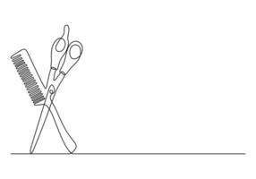Scissor and comb continuous one line drawing premium illustration vector