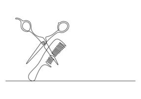 Scissor and comb continuous one line drawing premium illustration vector