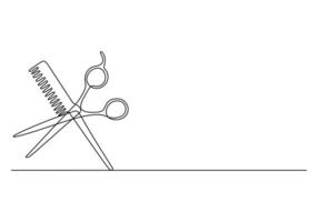 Scissor and comb continuous one line drawing premium illustration vector