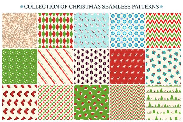 Collection of christmas seamless patterns. Holiday endless colorful backgrounds. Ornamental celebration new year prints. Can be used as wrapping paper, textile covers, wallpaper etc