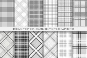 Collection of white and gray seamless textile patterns - geometric striped design. repeatable monochrome cloth backgrounds vector