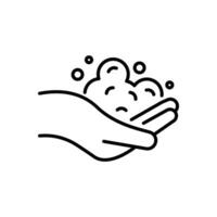 wash hands icon, foam soap on hand, thin line web symbol on white background vector