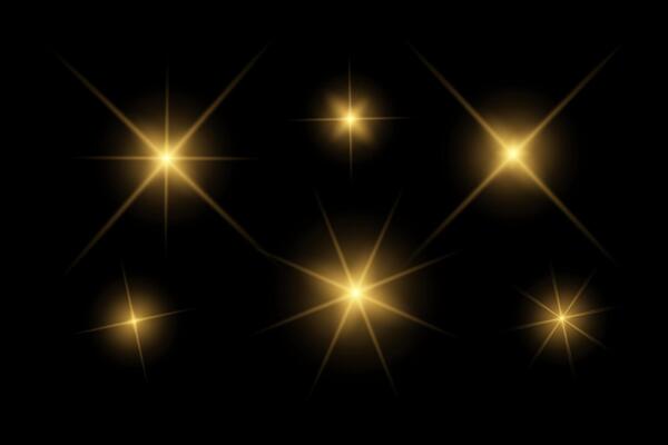 Golden sparkle lights, flashing lights, light effects, sunlight lens flare, glowing ray beams, sparkling starsicon on black background.