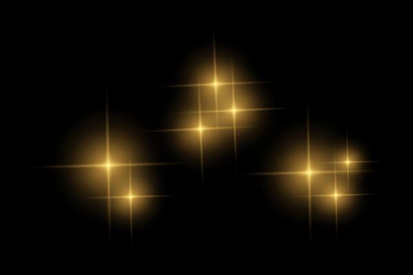 Golden sparkle lights, flashing lights, light effects, sunlight lens flare, glowing ray beams, sparkling starsicon on black background.