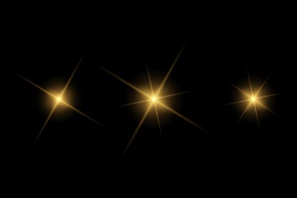 Golden sparkle lights, flashing lights, light effects, sunlight lens flare, glowing ray beams, sparkling starsicon on black background.