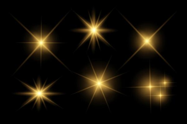 Golden sparkle lights, flashing lights, light effects, sunlight lens flare, glowing ray beams, sparkling starsicon on black background.