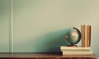 Stack of books on a wooden desk with a pastel ivory background, with a small globe, travel, study photo