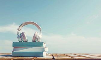 Stack of books on a wooden table with a pastel sky blue background, with a pair of headphones photo