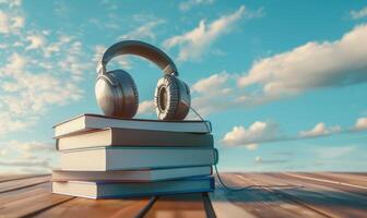Stack of books on a wooden table with a pastel sky blue background, with a pair of headphones photo