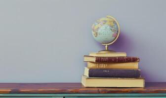 Stack of books on a wooden table with a pastel lilac background, with a small globe photo