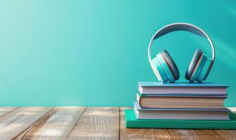 Stack of books on a wooden table with a pastel sky blue background, with a pair of headphones photo