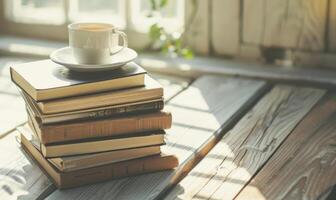 Stack of books on a wooden table with a cup of tea next to it, shadow from window, top view photo