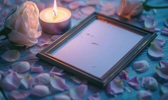White blank card in a bronze frame on a pastel lavender table, with a scattering of petals and a lit candle photo