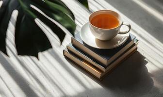 Stack of books with a cup of tea on a light gray table, soft shadows from window photo