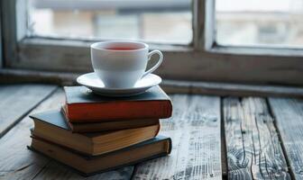 Stack of books with a cup of tea on a white table, window casting shadows photo