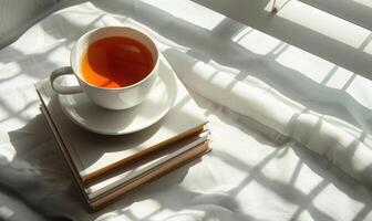 Stack of books with a cup of tea on a light gray table, soft shadows from window photo
