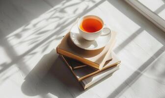Stack of books with a cup of tea on a light gray table, soft shadows from window photo