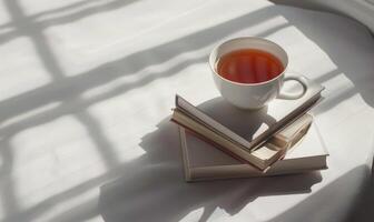 Stack of books with a cup of tea on a light gray table, soft shadows from window photo