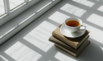 Stack of books with a cup of tea on a light gray table, soft shadows from window photo