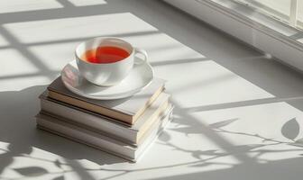 Stack of books with a cup of tea on a light gray table, soft shadows from window photo