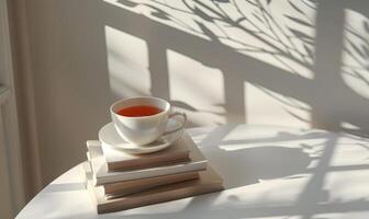 Stack of books with a cup of tea on a light gray table, soft shadows from window photo