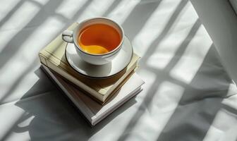 Stack of books with a cup of tea on a light gray table, soft shadows from window photo