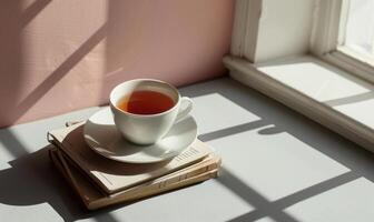 Stack of books with a cup of tea on a light gray table, soft shadows from window photo